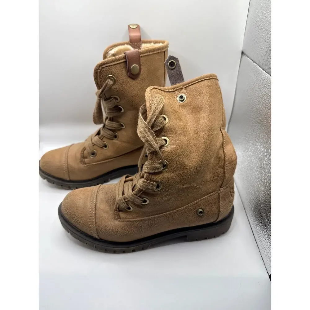 Roxy Bruna Women’s 6.5 Tan Faux Fur Lace-Up Lug Sole Combat Boots